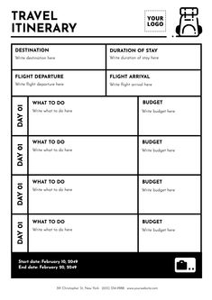 the travel itinerary form is shown in black and white, with an image of luggage