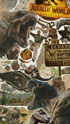 a collage of dinosaurs and other things that are in the shape of a sign