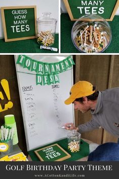 a man in a yellow hat is looking at a birthday party sign and some drinks