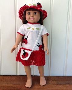 18 Doll Lady Bug T-Shirt Dress, Hat & Purse Crochet Pattern - Maggie's Crochet Thread Dress, Purse Crochet, Shirt Dress Pattern, Crochet T Shirts, Crochet Easy, American Doll Clothes, Crochet Thread, Crochet Blog, Doll Outfits