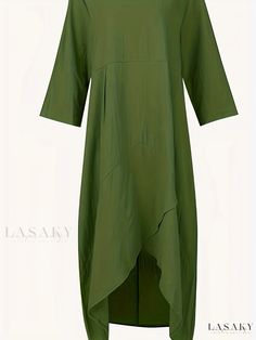 Lasaky - Womens Plus Size Casual Dress: Solid Half Sleeve Round Neck Asymmetrical Hem Loose Dress Casual Solid Maxi Dress With Asymmetrical Hem, Spring Dresses With High-low Hem, Casual Solid Midi Dress With Asymmetrical Hem, Casual Solid Color Asymmetrical Midi Dress, Casual Solid Asymmetrical Midi Dress, Spring Irregular Lagenlook Dresses, Spring Maxi Dress With Asymmetrical Hem And Solid Color, Spring Maxi Dress With Asymmetrical Hem, Spring Lagenlook Dress With Irregular Shape