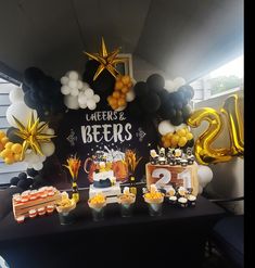 Black, gold and white Balloons. 21st Birthday,  cheers and Beers backdrop Cheer And Beers Party Ideas, Cheers And Beers Party Decorations, Cheers And Beers Party, Beer Themed Birthday Party, Beer Party Decorations, Cheers And Beers Birthday, Decor For Party, Party Design Ideas