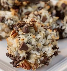 a close up of a plate of desserts with chocolate chips and coconut flakes