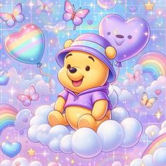 a cartoon winnie the pooh sitting on top of a cloud with balloons and stars