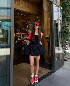 #adidas #outfitinspo Outfit Vestido Rojo, Japan Outfit, Mini Dress Outfits, Bubble Dress, Causual Outfits, Red Outfit, Knit Mini Dress, Outfits Casuales, Black Outfit