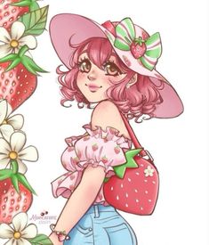 a drawing of a girl with pink hair wearing a hat and holding a strawberries bag