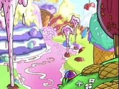 an animated scene with trees, water and other things in the background that appear to be pink