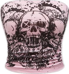 Gothic Sleeveless Top With Skull Print, Edgy Skull Print Tank Top For Halloween, Edgy Pink Halloween Top, Fitted Emo Tank Top For Halloween, Pink Punk Top For Halloween, Emo Sleeveless Tank Top For Halloween, Halloween Emo Style Sleeveless Tank Top, Mode Rose, Pink Skull