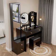 a bedroom with a vanity, mirror and stool