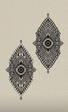 two black and white ornamental designs on a beige background, each with an intricate design