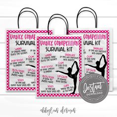 the dance competition survival kit is shown in pink and white with polka dots on it