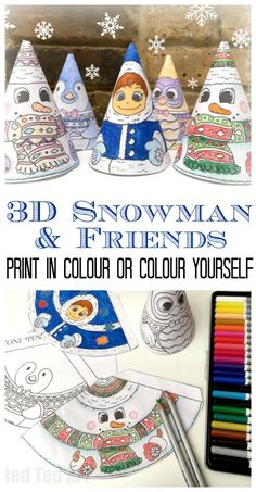 three snowman and friends painted in color on paper with markers, pencils and crayons