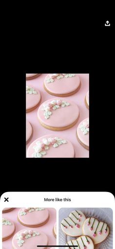 the cookies are decorated with pink icing and green leaves on them, along with some white frosting