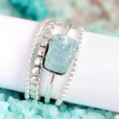 A set of four stackable rings with beautiful Aquamarine, Made of sterling silver Aquamarine Stacking Ring, Dot Ring, Moonstone Ring Sterling Silver, Raw Stone Ring, Stacking Ring Set