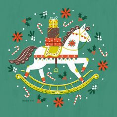 a merry christmas card with a rocking horse carrying presents