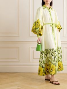 ALÉMAIS Gisela belted floral-print linen maxi shirt dress | NET-A-PORTER Lotus Dress, Flat Dress Shoes, Floral Dresses Short, Maxi Shirts, Maxi Shirt Dress, Swimsuit Dress, Printed Linen, Balloon Sleeves, Everyday Wardrobe