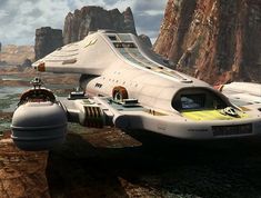 an artist's rendering of a futuristic space ship floating in the water near mountains