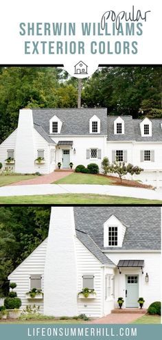 two photos of the exterior of a white house with black shutters and gray shingles