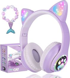 the cat headphones are purple and have glowing lights on them, with a mermaid tail