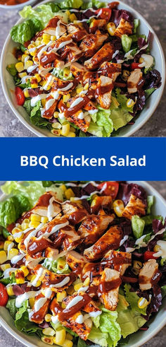 bbq chicken salad in two bowls with dressing on top and the other side is ready to be eaten