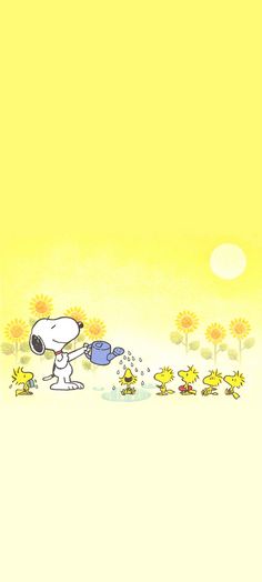 snoopy watering the flowers with his friends