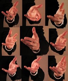 multiple pictures of hand gestures in various positions, including the middle finger pointing to the left