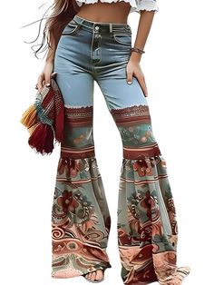 A Tapestry of Time: Vintage Floral Patchwork Jeans Step into a realm of Bohemian elegance with these Vintage Floral Patchwork Jeans. These extraordinary pants are a masterpiece of intricate patchwork, blending vintage aesthetics with contemporary flair. The high-waisted design accentuates your curves, while the flared silhouette adds a touch of retro charm. The intricate floral patchwork, a testament to meticulous craftsmanship, creates a stunning visual spectacle. Embrace your individuality and Bohemian Pants, Baby Knitwear, Vintage Aesthetics, Baby Outerwear, Floral Patchwork, Denim Patterns, Patchwork Jeans, Simple Tees, Flared Pants