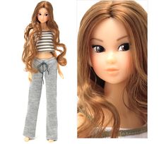 a doll with long brown hair and striped shirt next to a photo of a doll's head