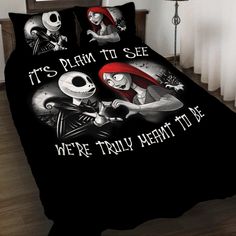 a bed with two cartoon characters on it and the words,'it's plain to see we're truly meant to be '