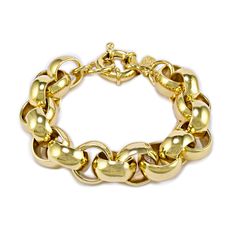 We are fans of the classic Rolo chain style, with its pleasing round, domed links. A large fancy spring ring clasp completes the look. This version is XXL chunky! Handcrafted in NYC 14k gold or rhodium finishes Bracelet is 8" long (contact us if you need a smaller size only) 5/8" | 15.9mm wide chain links Nickel free electroplated brass Clear protective anti-tarnish coating improves durability Comes in a signature pouch with box Remove electroplated jewelry when bathing, showering or swimming. A Electroplated Jewelry, Chunky Silver Jewellery, Chunky Gold Jewelry, Chain Links, Funky Jewelry, Gold Bracelet Chain, Rolo Chain, Dream Jewelry, Painted Wood