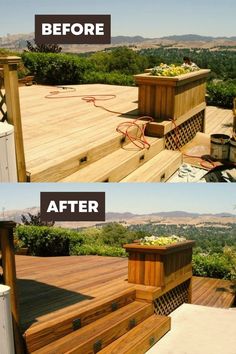 before and after photos of a deck being built