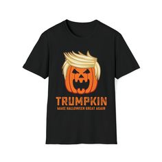 The Trumpkin unisex soft-style t-shirt puts a new spin on casual comfort. Made from very soft materials, this tee is 100% cotton for solid colors. Heather colors and sports grey include polyester. The shoulders have twill tape for improved durability. There are no side seams. The collar is made with ribbed knitting to prevent curling damage.  .: Made with 100% ring-spun cotton, a lightweight fabric (4.5 oz/yd² (153 g/m this unisex t-shirt feels like a bliss to wear all year round.  .: The classi Halloween Crew Neck T-shirt With Logo Print, Halloween Logo Print Crew Neck T-shirt, Soft Style, Twill Tape, Lightweight Fabric, Unisex T Shirt, Solid Colors, Spun Cotton, Gender Neutral