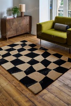 a black and white checkered rug in a living room