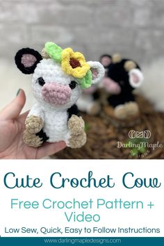 a small crochet cow sitting on top of a pile of hay with the text, cute crochet cow free pattern + video