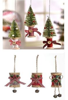 Christmas ornaments made from thread spools Spool Ornaments, Spool Crafts, Vintage Christmas Crafts, Diy Christmas Ornaments Easy, Handmade Christmas Crafts, Holiday Crafts Christmas, Christmas Ornaments Homemade, Christmas Decorations Rustic, Christmas Ornament Crafts