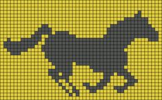 a cross stitch pattern with a black horse running across the yellow field in front of it