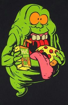 an image of a cartoon character eating pizza and holding a box with cheese on it