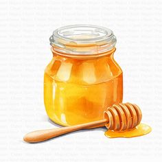 a painting of a jar of honey and a wooden spoon on a white background with the lid open