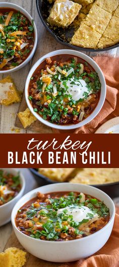 two bowls filled with black bean chili and tortilla chips