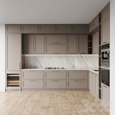 an empty kitchen with marble counter tops and wooden floors