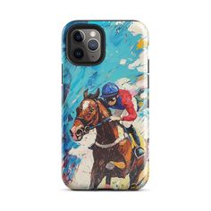 a phone case with a painting of two horses and jockeys on the same horse