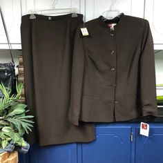 Dark Brown Suits Jacket Size 14 Skirt Size 14p Skirt Has Partial, Elastic And Waist, Invisible Zipper In Back 2 Piece Skirt, Tan Pants, Brown Suits, Blazer And Skirt, Brown Outfit, Long Sleeve Jacket, Pant Suit, Brown Pants, Colored Pants