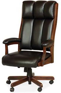 a brown leather office chair with wooden arms