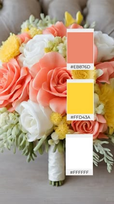 a bridal bouquet with peach, yellow and white flowers in shades of coral pink