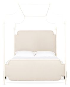 a white bed with an iron headboard and foot board on the bottom side, in front of a white background