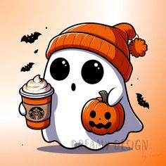 a cute little ghost holding a cup of starbucks coffee with a pumpkin on it's face