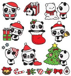 pandas and christmas decorations on a white background