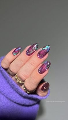 Sparkly Nail Designs, Purple Manicure, Dark Purple Nails, Velvet Nails, Prom Inspo, Fall Manicure, Galaxy Nails, Cat Eye Nails, Glam Nails