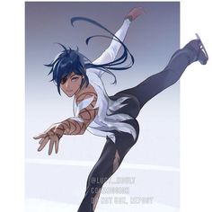 an anime character with blue hair and black pants is doing a trick on the ice