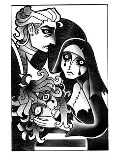 a black and white drawing of two women with long hair, one holding a baby